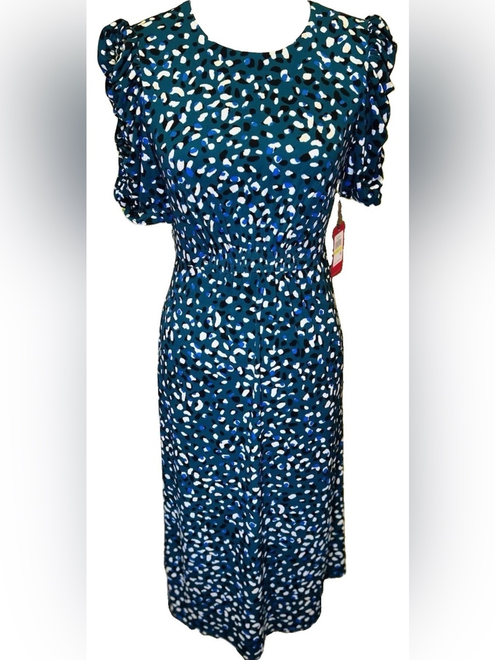 NWT Vince Camuto 4 Animal Leopard Print Ruched Puff Sleeve Teal Green Midi Dress